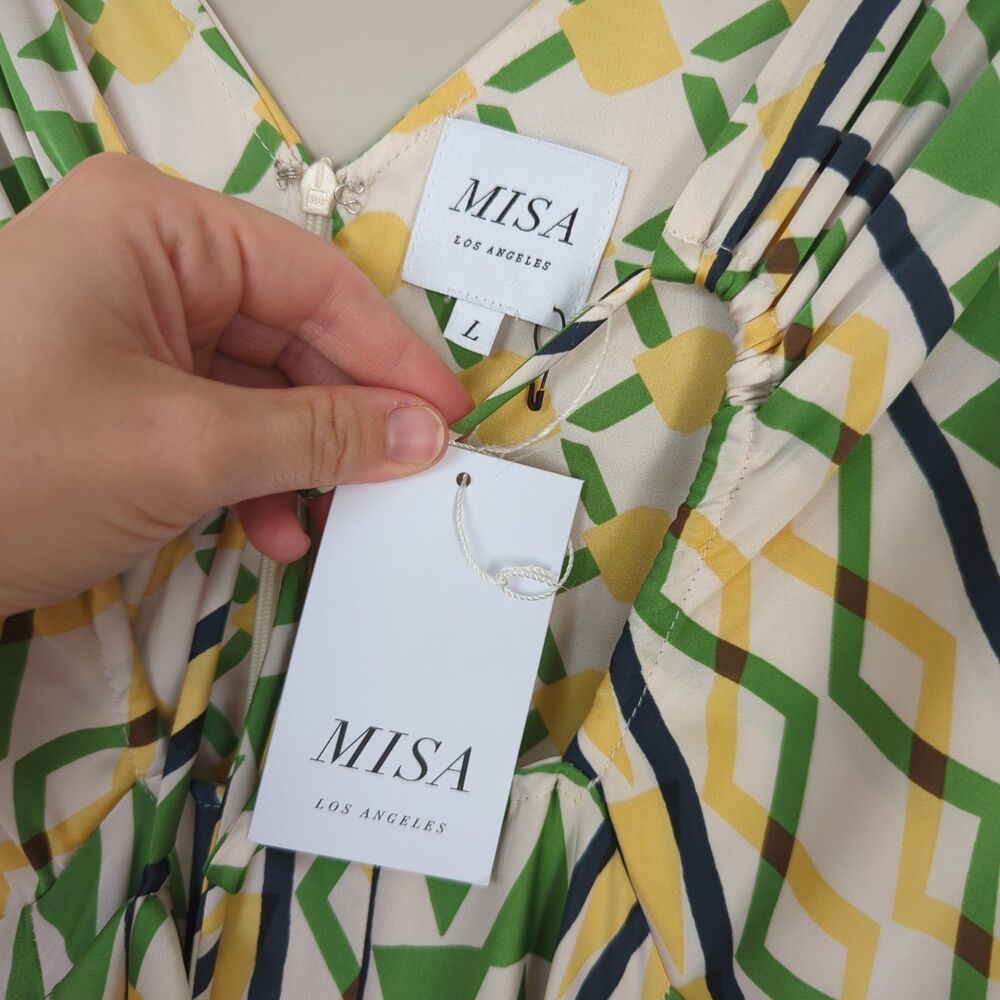 MISA Los Angeles NWT Irena Midi Dress Limoncello Geo Mix Large Satin - Picture 10 of 10